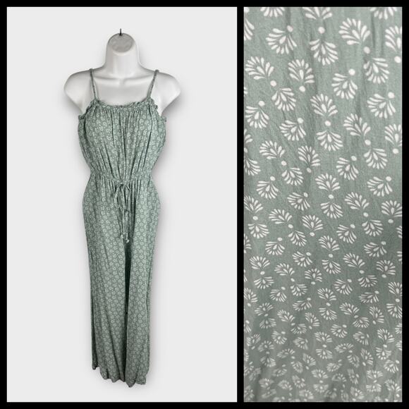 As U Wish Green White Boho Sleeveless Ruffle Wide Leg Jumpsuit Medium Summer - Picture 1 of 9